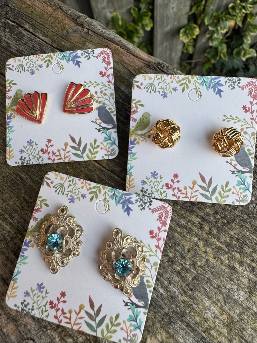 Retro Gold Tone Earrings Bundle - Fans, Knots, Rhinestone Filigree